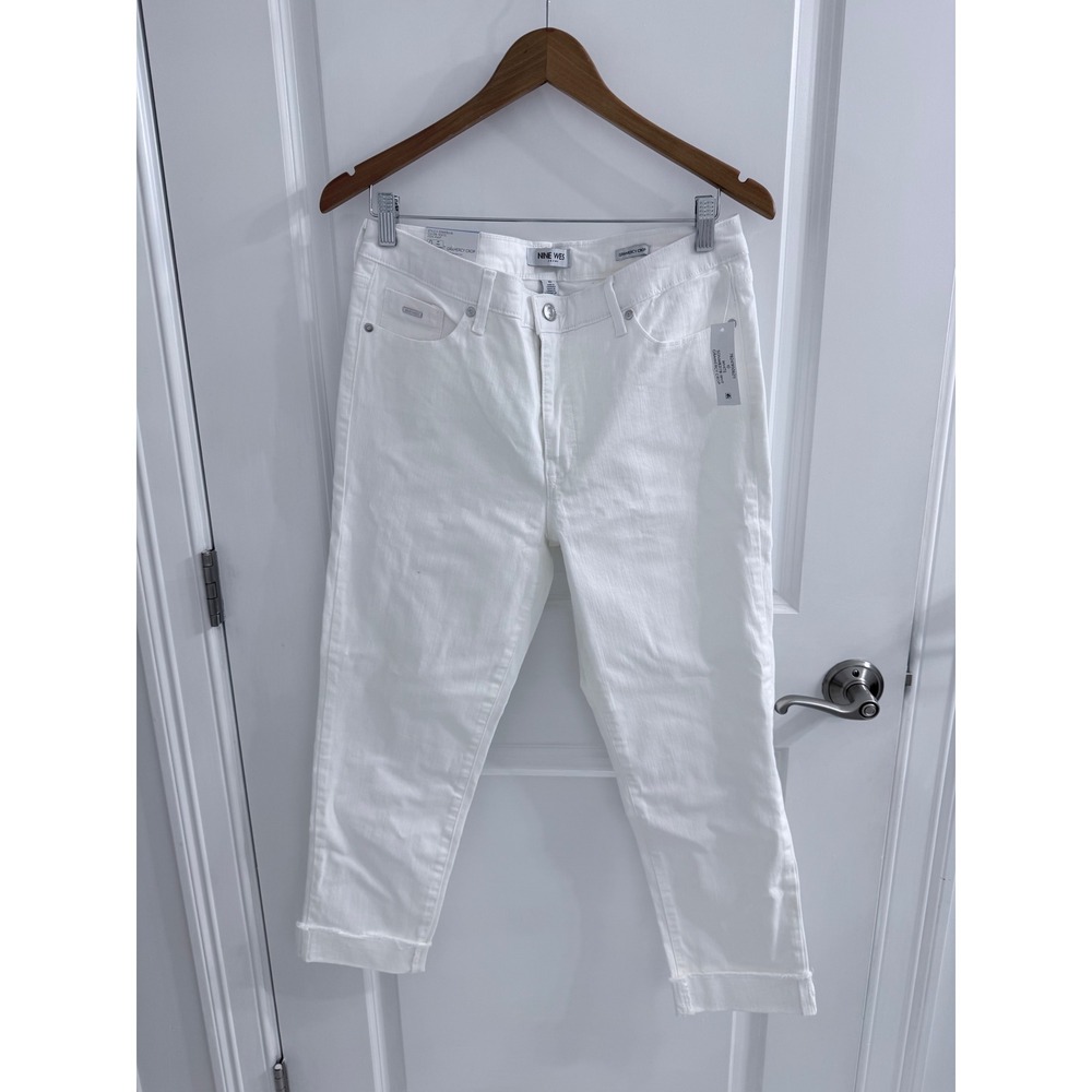 Nine West Gramercy Crop Jeans White Slim Fit Fray Cuff Twill Pants Womens 10 NEW